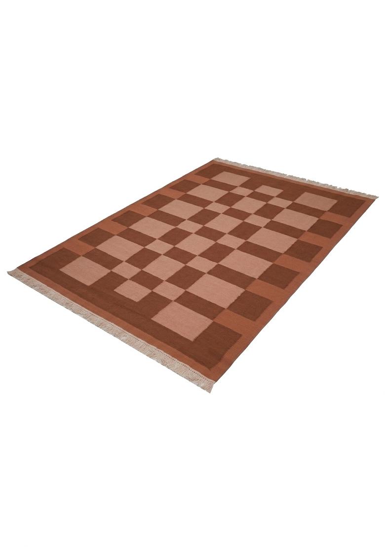 Saffron Rugs Flat Woven Terracotta Brown Checkered Scandinavian Rectangular Wool Area Rug - Indya