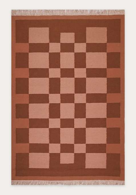 100% Wool Handmade Terracotta Brown Rug | Scandinavian Checkered Flat Weave Reversible Carpet For Living Room