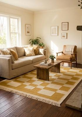 Saffron Rugs Flat Woven Mustard Yellow Checkered Scandinavian Rectangular Wool Area Rug