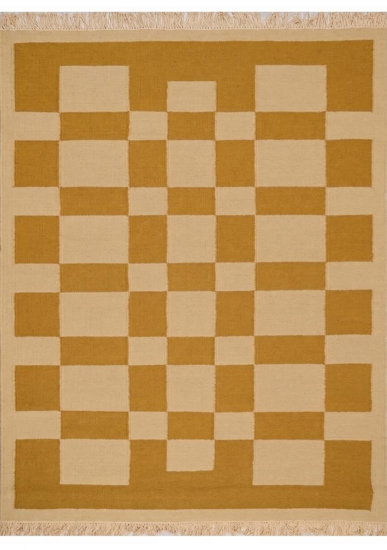 Saffron Rugs Flat Woven Mustard Yellow Checkered Scandinavian Rectangular Wool Area Rug - Indya