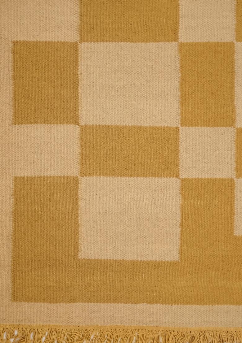Saffron Rugs Flat Woven Mustard Yellow Checkered Scandinavian Rectangular Wool Area Rug - Indya