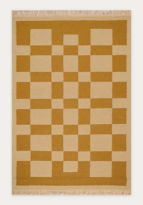 100% Wool Handmade Mustard Yellow Rug | Scandinavian Checkered Flat Weave Reversible Carpet For Living Room