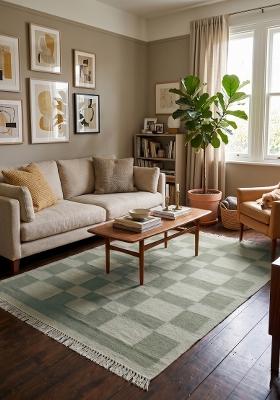 Saffron Rugs Flat Woven Sage Green Checkered Scandinavian Rectangular Wool Area Rug