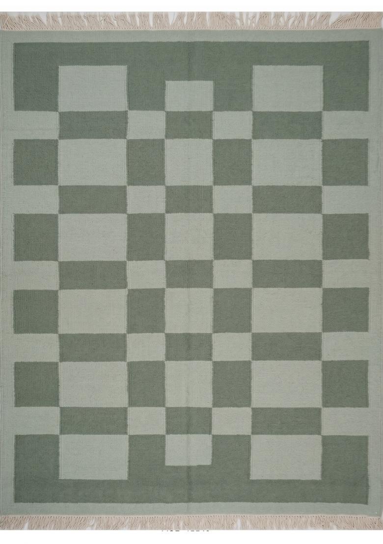 Saffron Rugs Flat Woven Sage Green Checkered Scandinavian Rectangular Wool Area Rug - Indya
