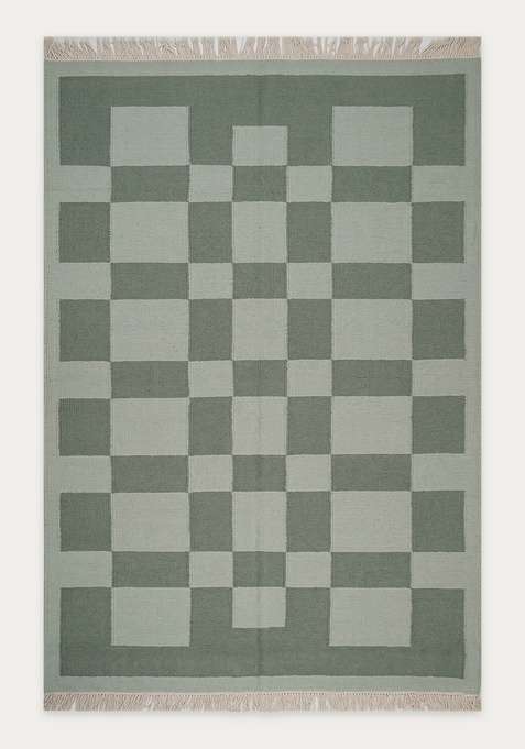 100% Wool Handmade Sage Green Rug | Scandinavian Checkered Flat Weave Reversible Carpet For Living Room