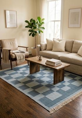Saffron Rugs Flat Woven Blue Checkered Scandinavian Rectangular Wool Area Rug
