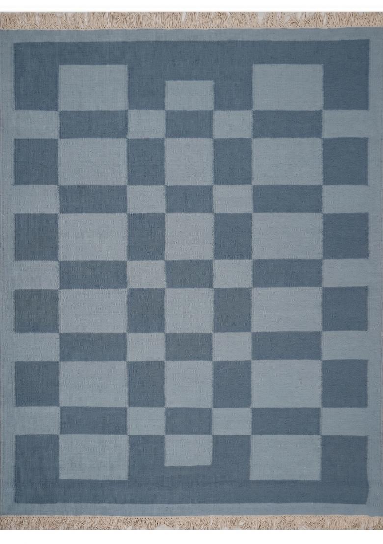 Saffron Rugs Flat Woven Blue Checkered Scandinavian Rectangular Wool Area Rug - Indya