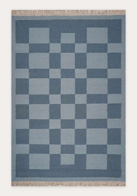 100% Wool Handmade Blue Rug | Scandinavian Checkered Flat Weave Reversible Carpet For Living Room
