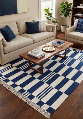 Saffron Rugs Flat Woven Navy Blue Checkered Contemporary Rectangular Wool Area Rug