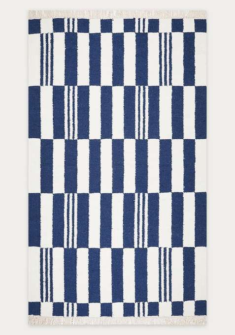 100% Wool Handmade Navy Blue Rug | Contemporary Checkered Flat Weave Reversible Carpet For Living Room