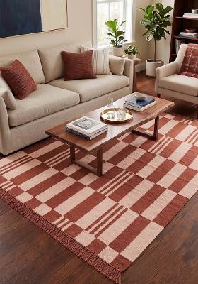 Saffron Rugs Flat Woven Rust Brown Checkered Contemporary Rectangular Wool Area Rug