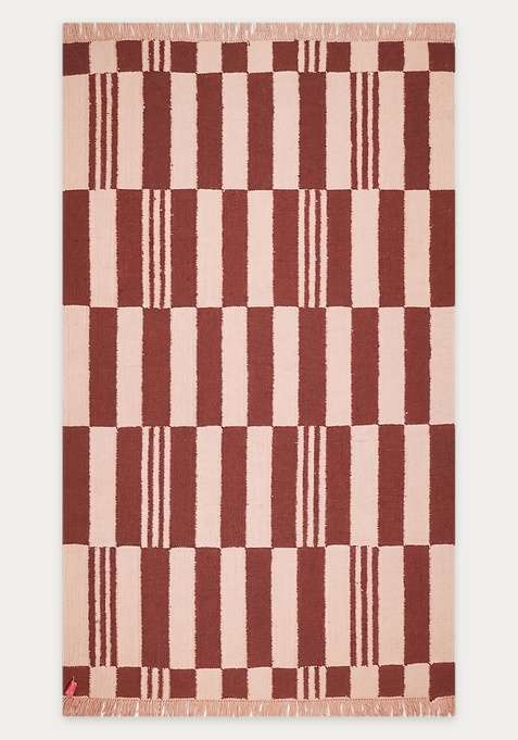 100% Wool Handmade Rust Brown Rug | Contemporary Checkered Flat Weave Reversible Carpet For Living Room