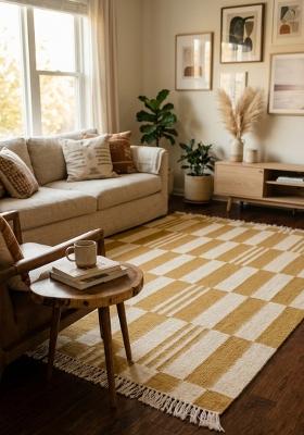 Saffron Rugs Flat Woven Mustard Yellow Checkered Contemporary Rectangular Wool Area Rug