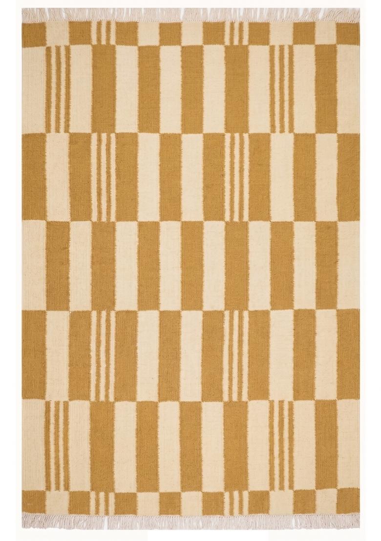Saffron Rugs Flat Woven Mustard Yellow Checkered Contemporary Rectangular Wool Area Rug - Indya