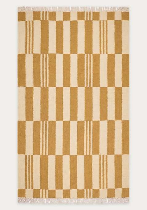 100% Wool Handmade Mustard Yellow Rug | Contemporary Checkered Flat Weave Reversible Carpet For Living Room