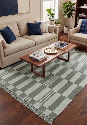 Saffron Rugs Flat Woven Sage Green Checkered Contemporary Rectangular Wool Area Rug