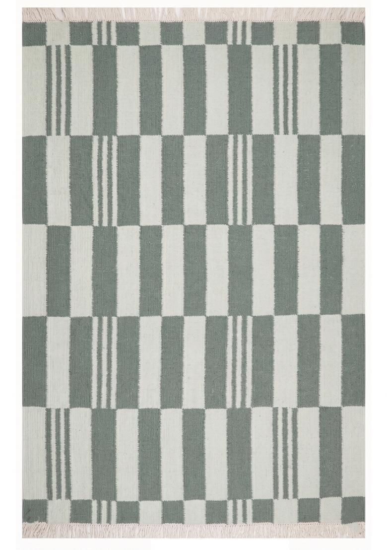 Saffron Rugs Flat Woven Sage Green Checkered Contemporary Rectangular Wool Area Rug - Indya