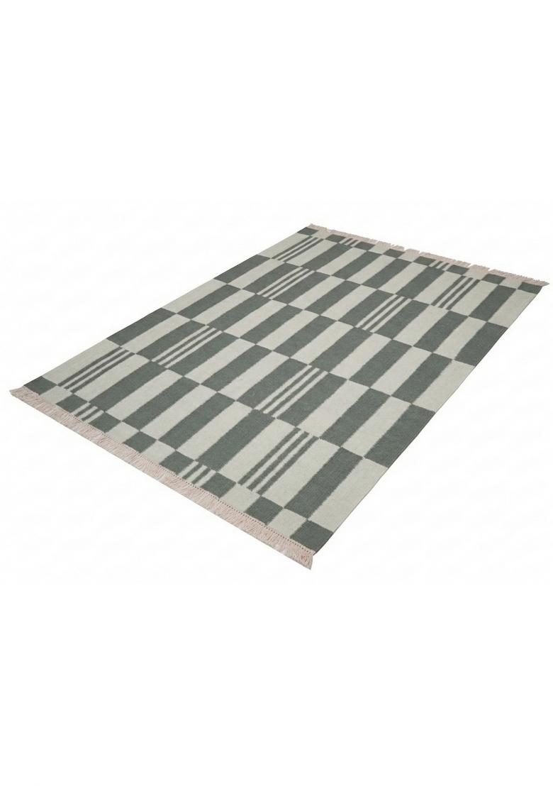 Saffron Rugs Flat Woven Sage Green Checkered Contemporary Rectangular Wool Area Rug - Indya