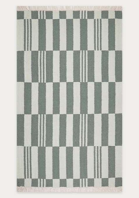 100% Wool Handmade Sage Green Rug | Contemporary Checkered Flat Weave Reversible Carpet For Living Room