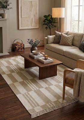 Saffron Rugs Flat Woven Beige Checkered Scandinavian Rectangular Wool Area Rug