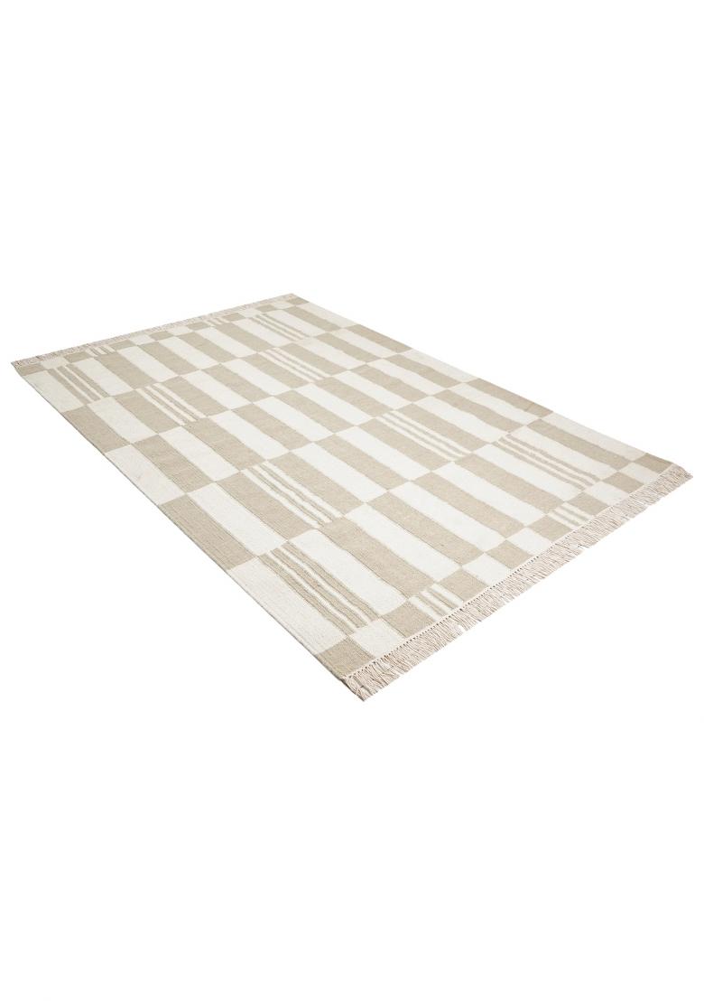 Saffron Rugs Flat Woven Beige Checkered Scandinavian Rectangular Wool Area Rug - Indya