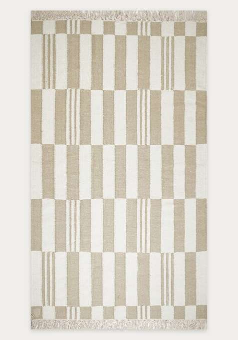 100% Wool Handmade Beige Rug | Scandinavian Checkered Flat Weave Reversible Carpet For Living Room
