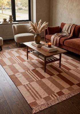 Saffron Rugs Flat Woven Brown Checkered Scandinavian Rectangular Wool Area Rug