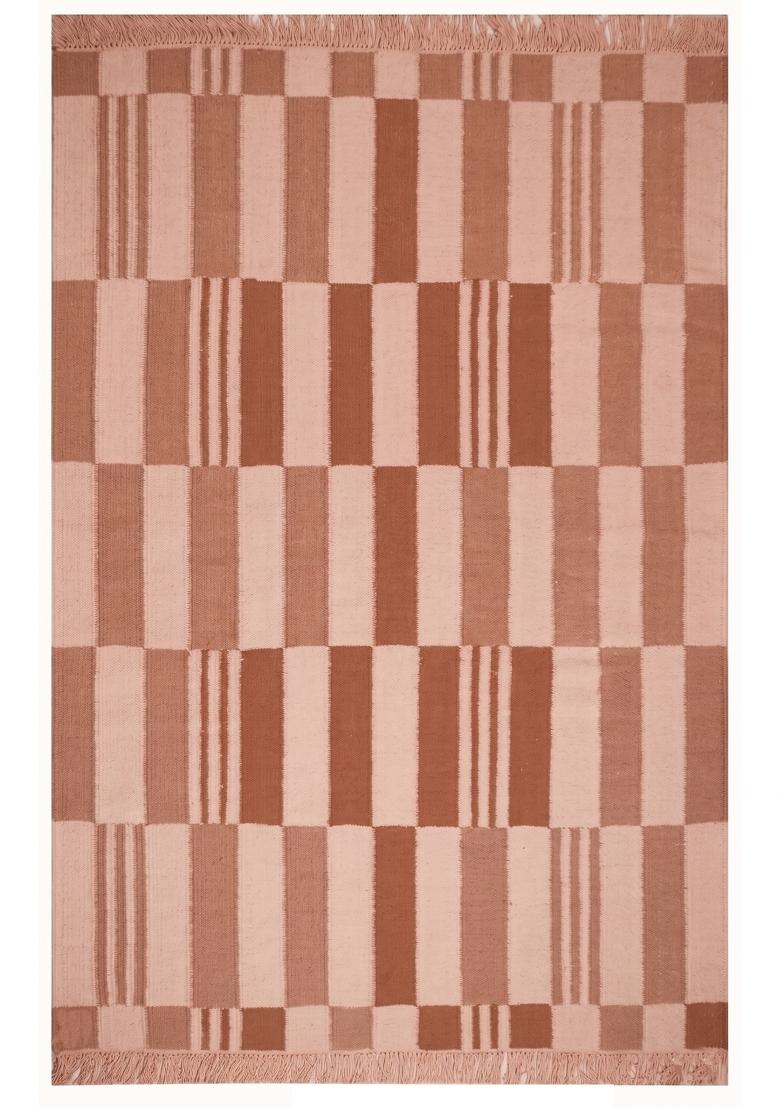 Saffron Rugs Flat Woven Brown Checkered Scandinavian Rectangular Wool Area Rug - Indya