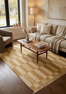 Saffron Rugs Flat Woven Mustard Yellow Checkered Scandinavian Rectangular Wool Area Rug