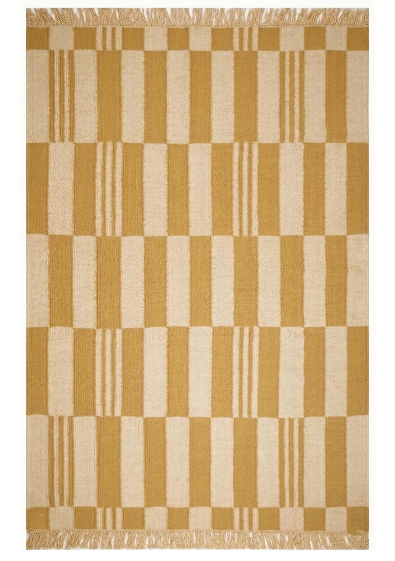 Saffron Rugs Flat Woven Mustard Yellow Checkered Scandinavian Rectangular Wool Area Rug - Indya