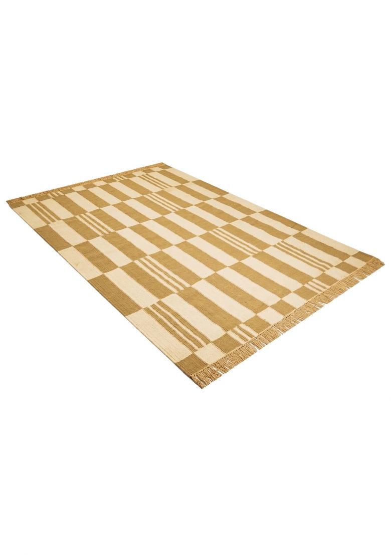 Saffron Rugs Flat Woven Mustard Yellow Checkered Scandinavian Rectangular Wool Area Rug - Indya