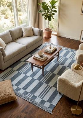 Saffron Rugs Flat Woven Slate Blue Checkered Scandinavian Rectangular Wool Area Rug