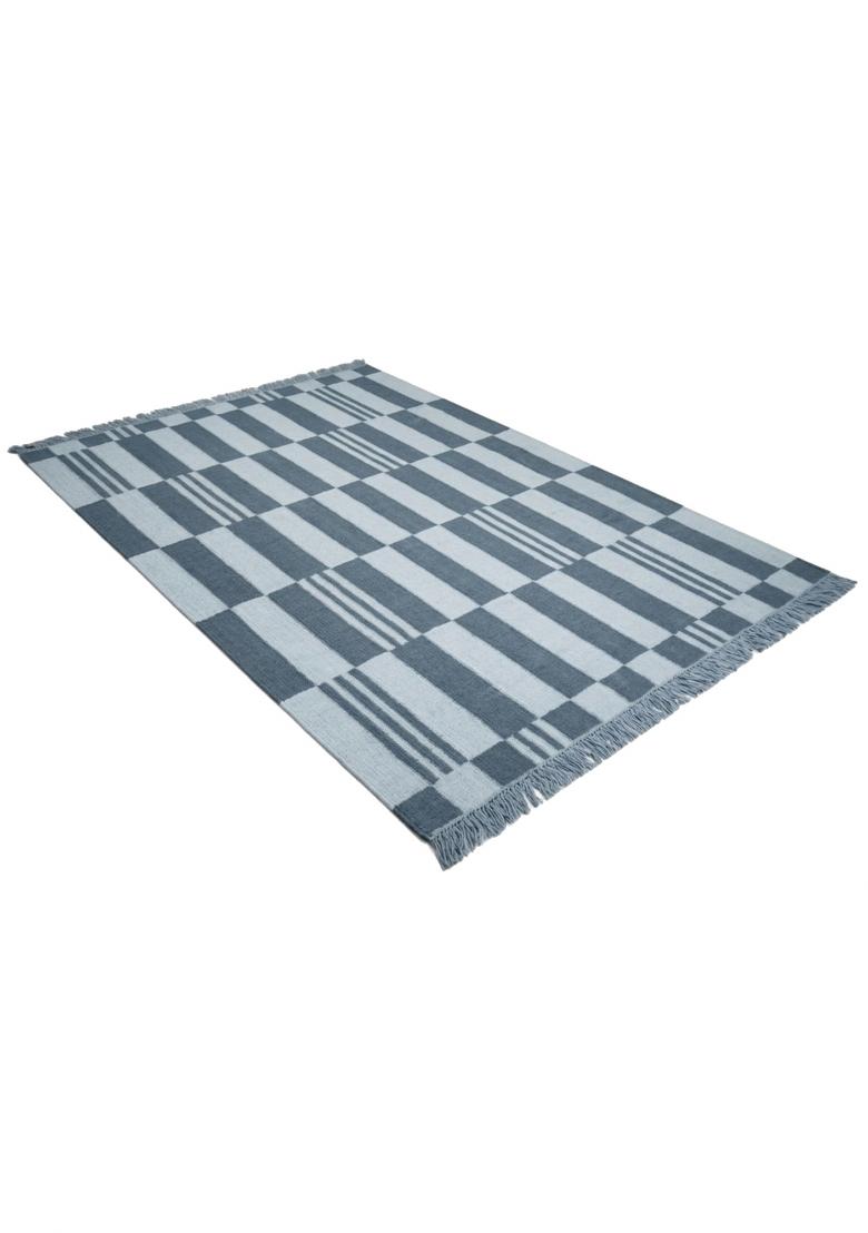 Saffron Rugs Flat Woven Slate Blue Checkered Scandinavian Rectangular Wool Area Rug - Indya