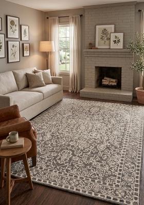 Saffron Rugs Hand Tufted Grey Floral Classic Rectangular Wool Area Rug