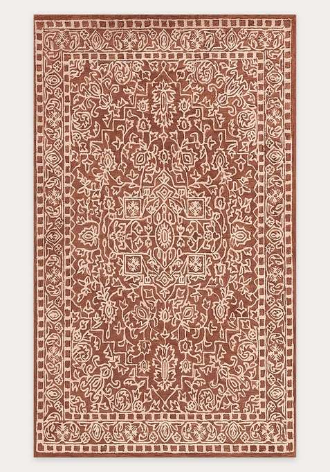 100% Wool Handmade Terracotta Brown Rug | Classic Floral Carpet With Cotton Backing For Living Room