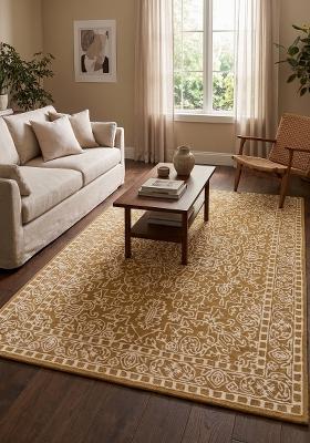 Saffron Rugs Hand Tufted Golden Mustard Floral Classic Rectangular Wool Area Rug