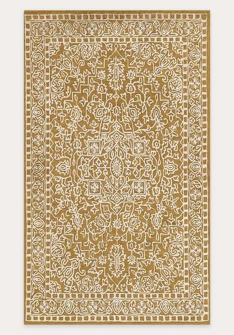 100% Wool Handmade Golden Mustard Rug | Classic Floral Carpet With Cotton Backing For Living Room