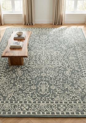 Saffron Rugs Hand Tufted Slate Grey Floral Classic Rectangular Wool Area Rug