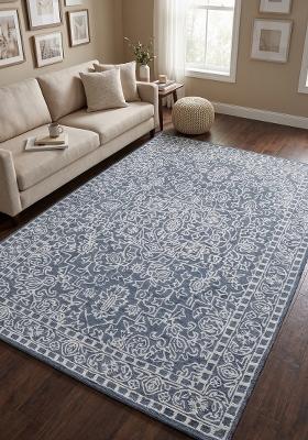 Saffron Rugs Hand Tufted Steel Blue Floral Classic Rectangular Wool Area Rug