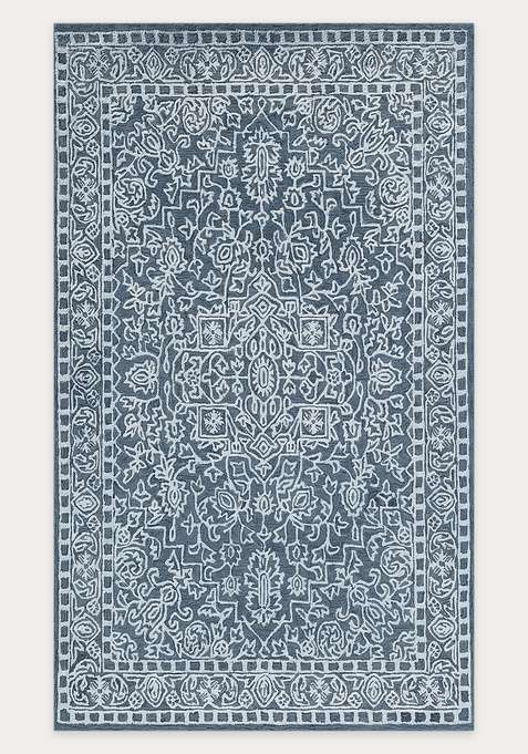 100% Wool Handmade Steel Blue Rug | Classic Floral Carpet With Cotton Backing For Living Room