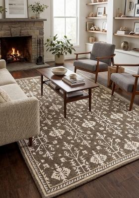 Saffron Rugs Hand Tufted Taupe Brown Floral Classic Rectangular Wool Area Rug