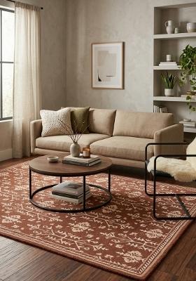 Saffron Rugs Hand Tufted Terracotta Brown Floral Classic Rectangular Wool Area Rug