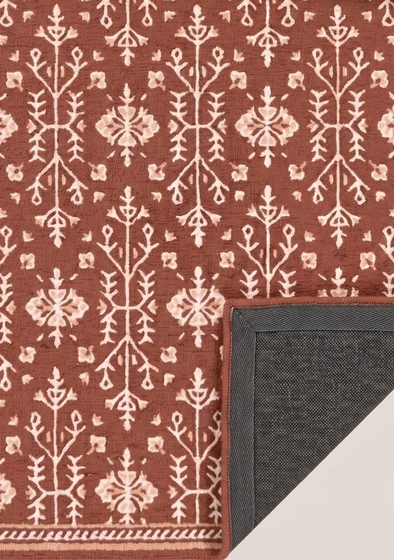 Saffron Rugs Hand-Tufted 100% Wool Area Rug | Terracotta Brown Rectangular Rug | Cotton Backing | Classic Floral Carpet for Living Room - Indya