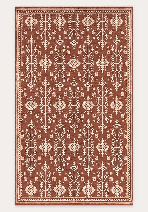 100% Wool Handmade Terracotta Brown Rug | Classic Floral Carpet With Cotton Backing For Living Room