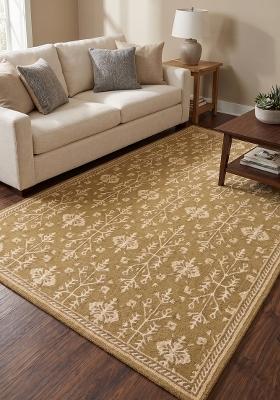 Saffron Rugs Hand Tufted Golden Tan Floral Classic Rectangular Wool Area Rug