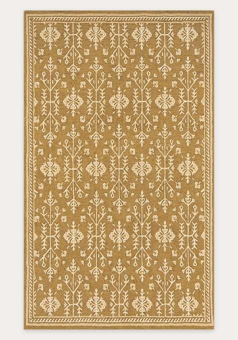 100% Wool Handmade Golden Tan Rug | Classic Floral Carpet With Cotton Backing For Living Room