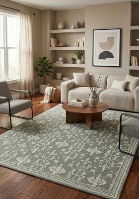 Saffron Rugs Hand Tufted Sage Green Floral Classic Rectangular Wool Area Rug