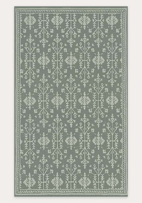 100% Wool Handmade Sage Green Rug | Classic Floral Carpet With Cotton Backing For Living Room