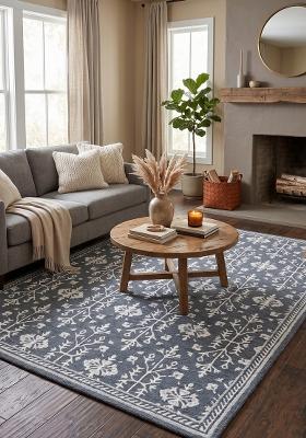 Saffron Rugs Hand Tufted Steel Blue Grey Floral Classic Rectangular Wool Area Rug