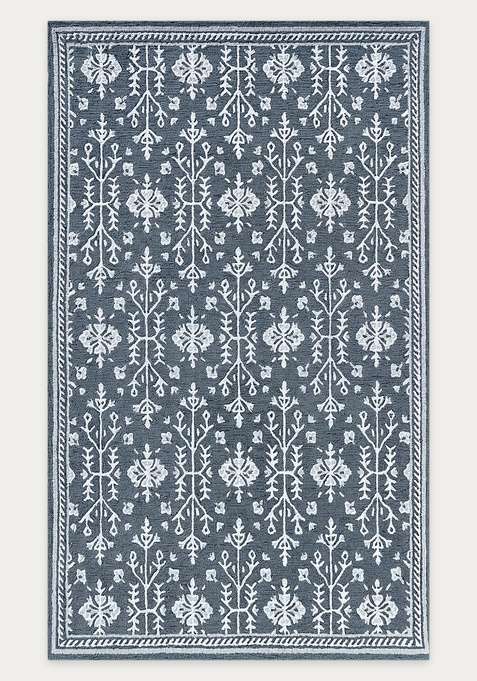 100% Wool Handmade Steel Blue Grey Rug | Classic Floral Carpet With Cotton Backing For Living Room